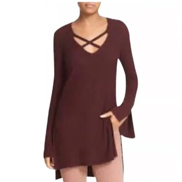 Free People Burgundy Criss Cross Neckline Rayon Blend Tunic Sweater size M - Picture 16 of 16